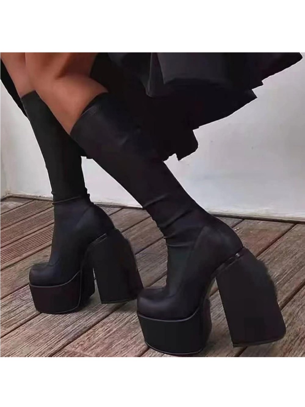 Black Platform Block Heel Knee-High Boots